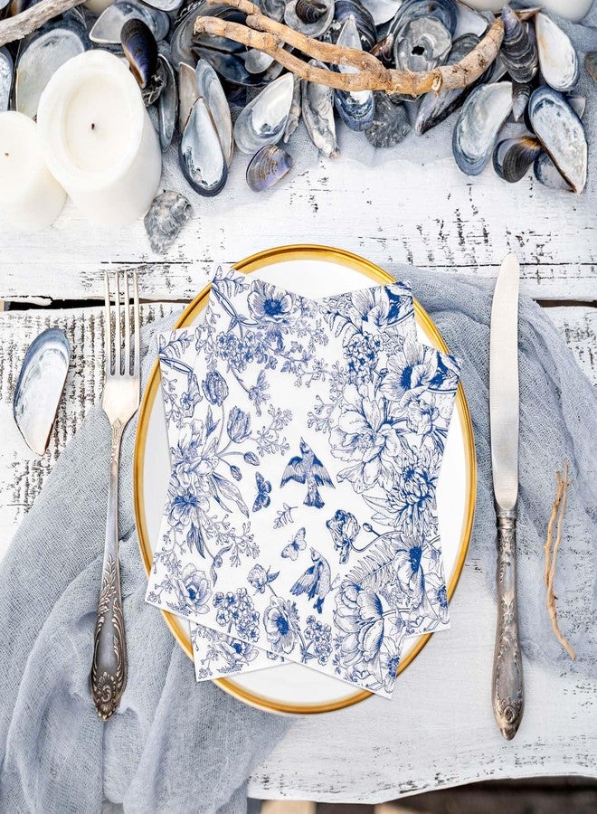 JarThenaAMCS 100Pcs Blue White Floral Paper Napkins Chinoiserie Flower Bird Disposable Napkins Decorative Luncheon Dinner Napkins for Wedding Birthday Holiday Party Supplies Table Decor - Image 5